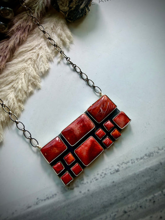 Red Spiny Squares Necklace