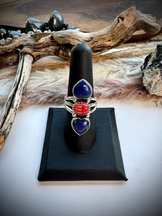 Red Spiny & Lapis Ring- Size 7 1/2