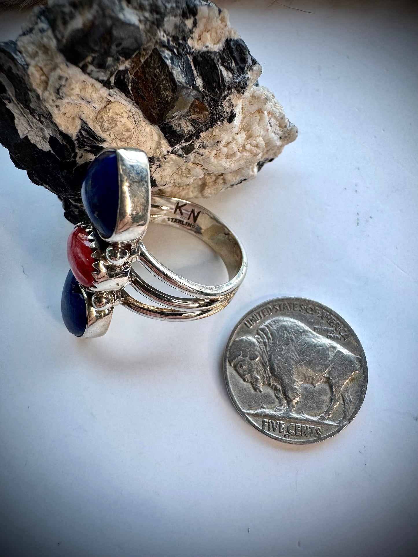 Red Spiny & Lapis Ring- Size 7 1/2