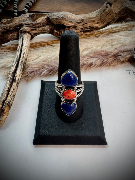 Lapis & Red Spiny Heart Ring- 9