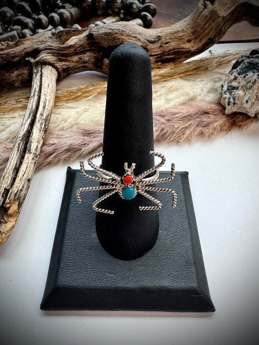Turquoise & Coral Spider Ring- size 9