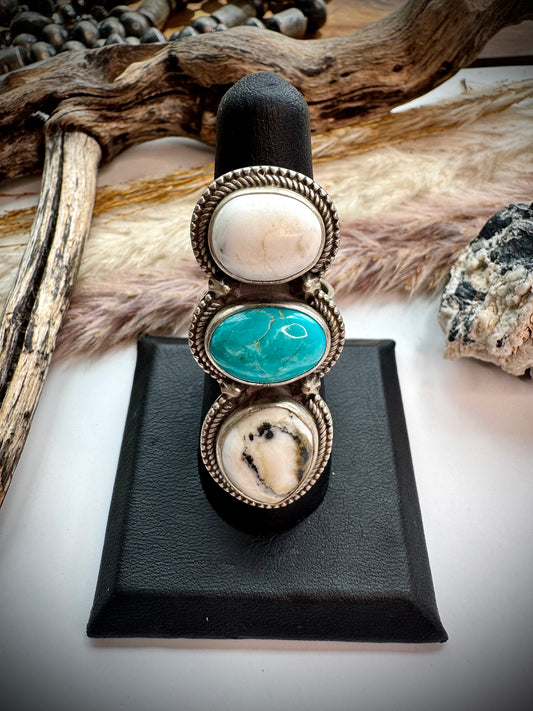 White Buffalo & Turquoise Three Stone Ring- Adjustable
