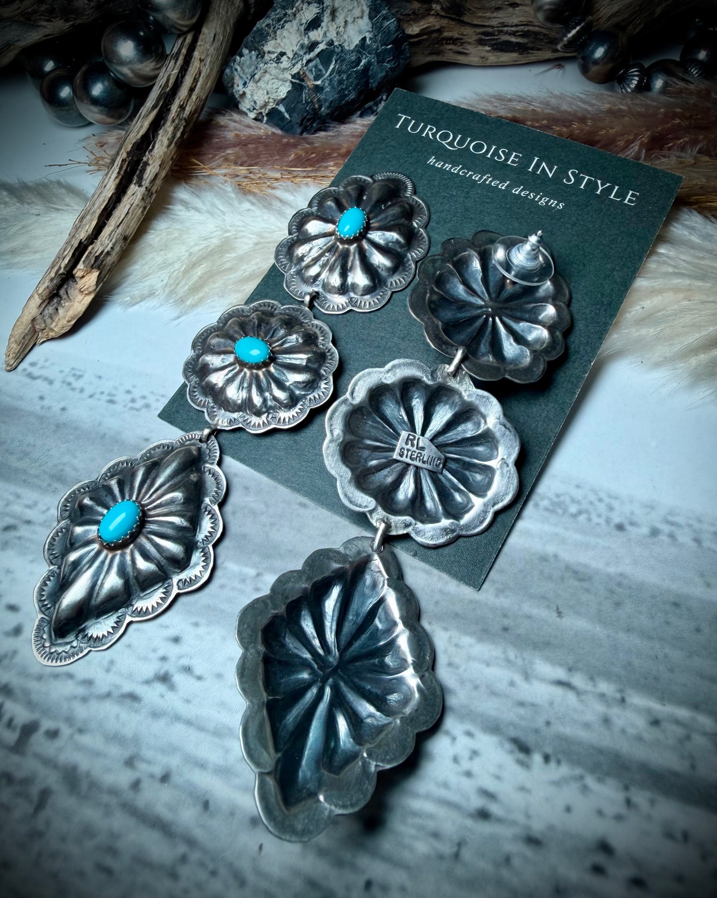 Rita Lee Triple Dangle Concho Earrings with Blue Turquoise