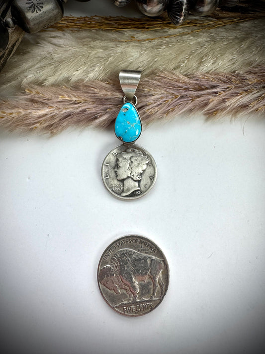 Whitewater Turquoise and 1936 Mercury Dime Pendant