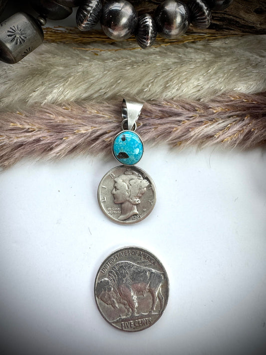 Blue Moon Turquoise and 1923 Mercury Dime Pendant