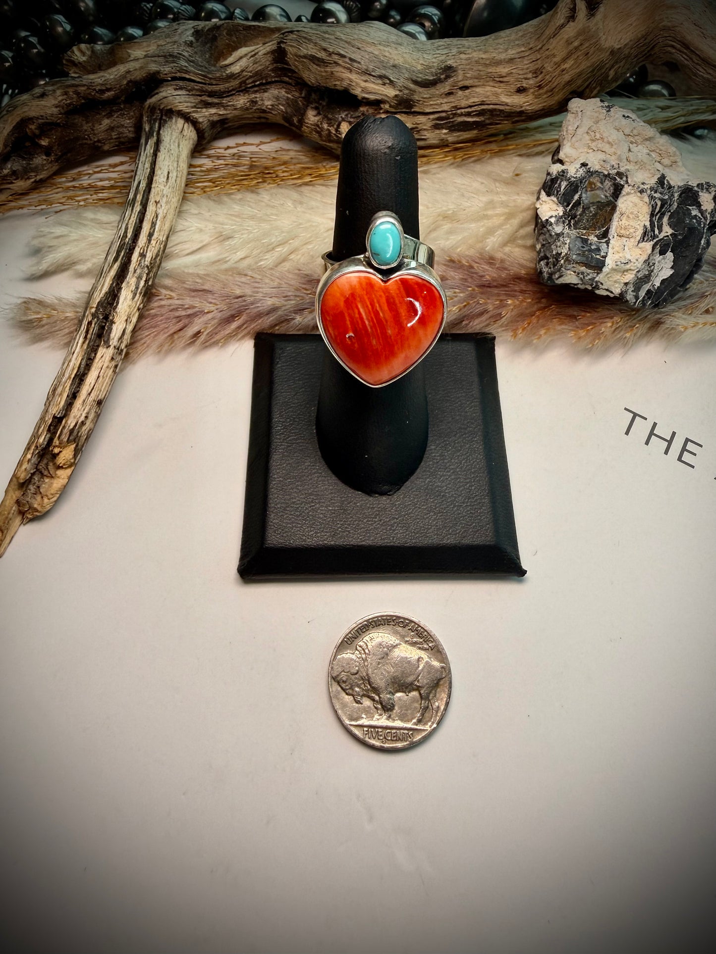 Federico Red Spiny & Turquoise Heart Ring- Adjustable