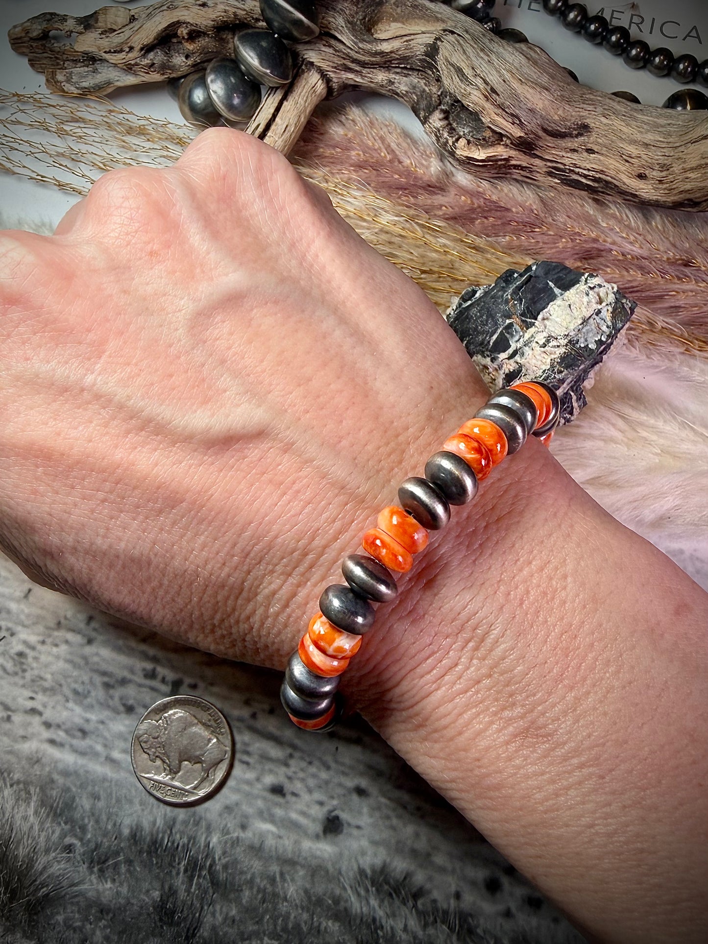 9 mm Sterling Saucer Pearl & Spiny Stretch Bracelets