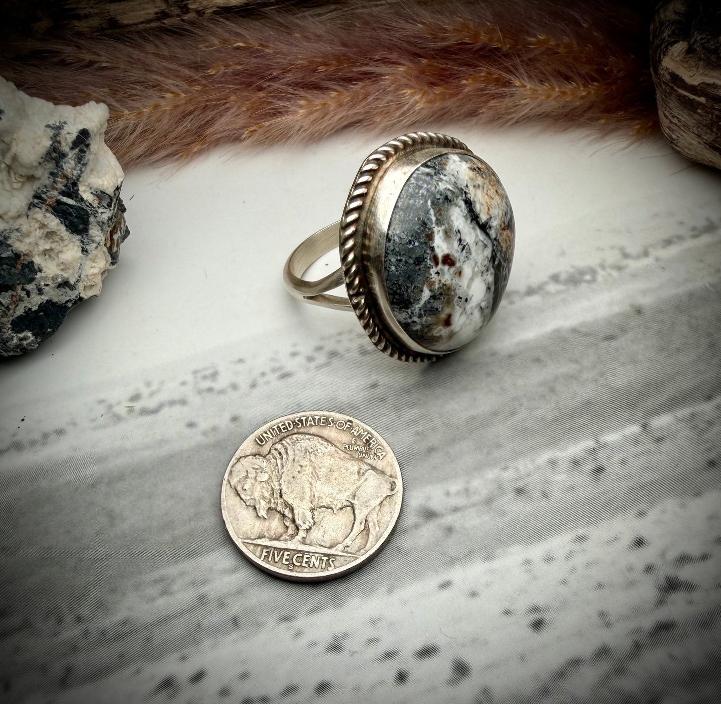 Donovan Nez Round White Buffalo Ring - Adjustable
