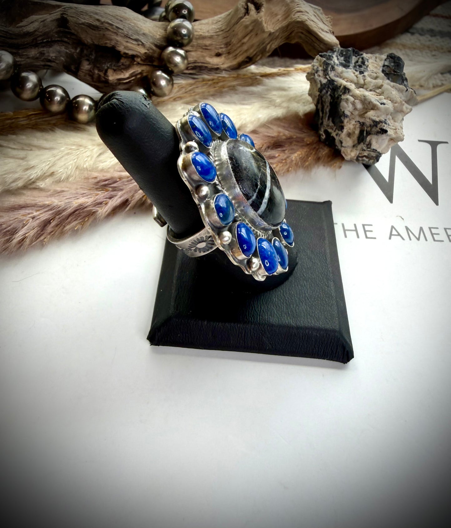 Adjustable White Buffalo & Lapis Ring