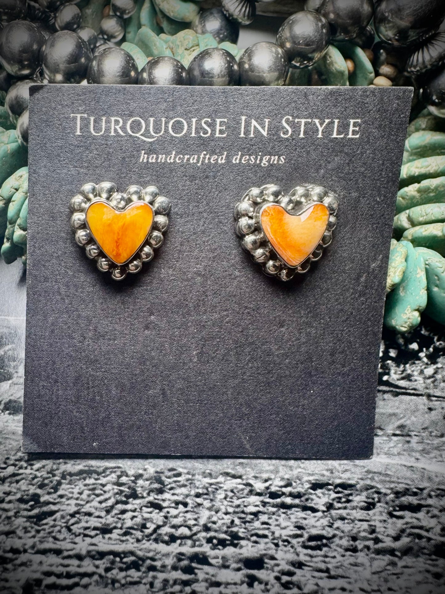 Orange Spiny Heart Stud Earrings by Annette Martinez