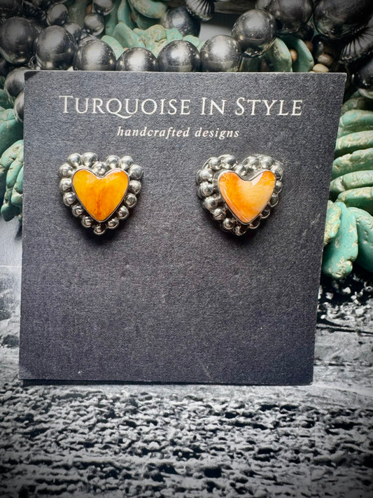 Orange Spiny Heart Stud Earrings by Annette Martinez
