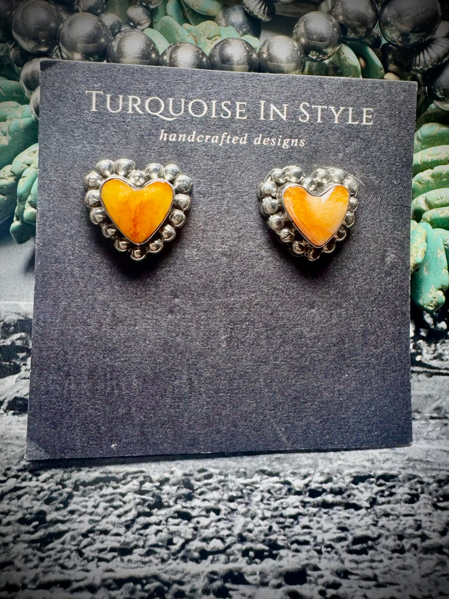 Orange Spiny Heart Stud Earrings by Annette Martinez
