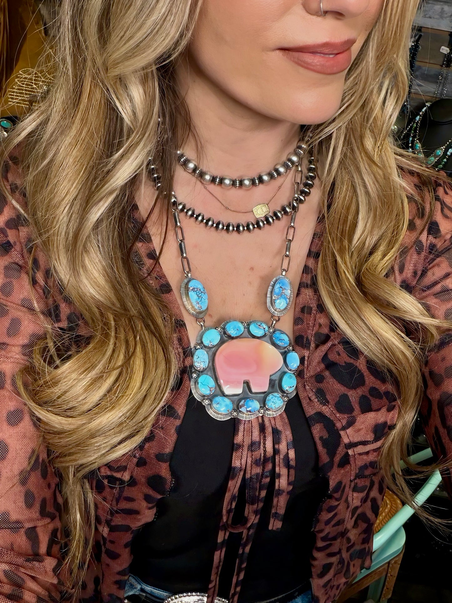 Golden Hills and Pink Conch Bear Pendant Necklace