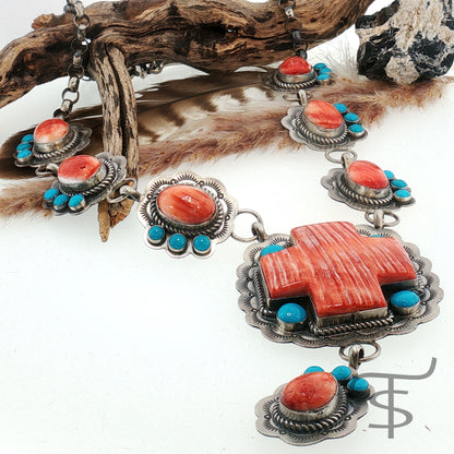 Red Spiny and Turquoise Cross and Pebble Necklace