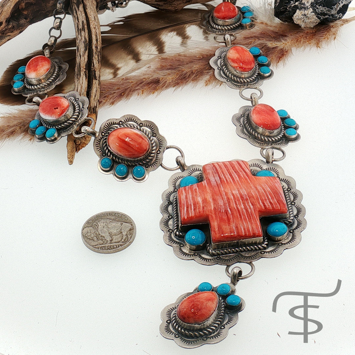 Red Spiny and Turquoise Cross and Pebble Necklace