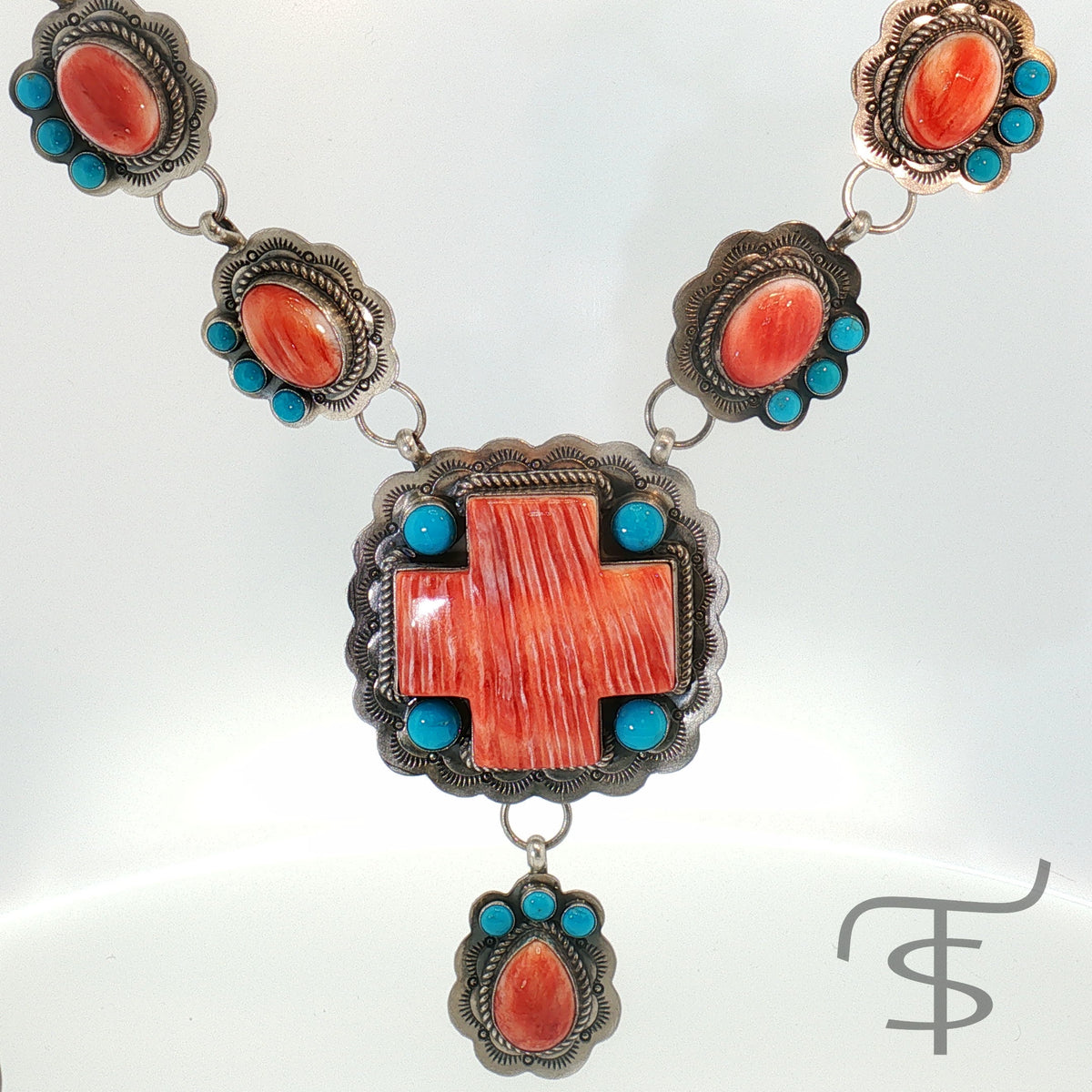 Red Spiny and Turquoise Cross and Pebble Necklace