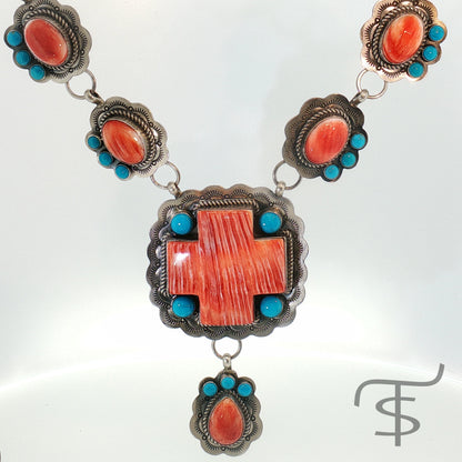 Red Spiny and Turquoise Cross and Pebble Necklace