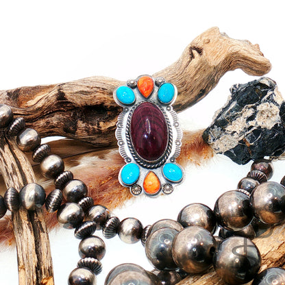 Turquoise, Red Spiny and Purple Split Stone Ring