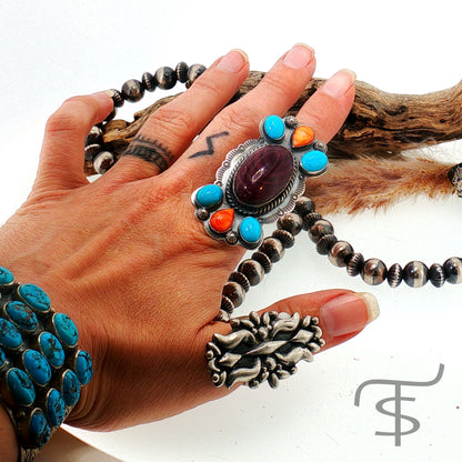 Turquoise, Red Spiny and Purple Split Stone Ring