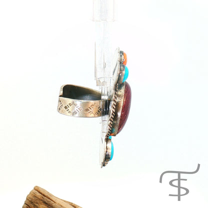 Turquoise, Red Spiny and Purple Split Stone Ring