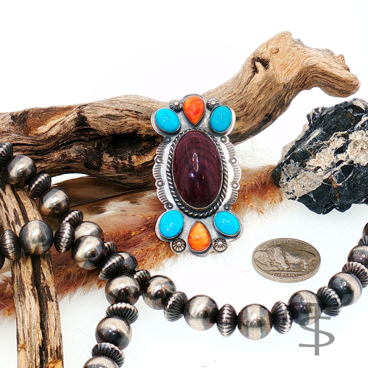 Turquoise, Red Spiny and Purple Split Stone Ring