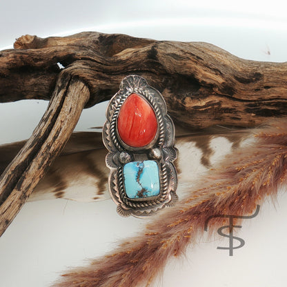 Golden Hills and Red Spiny Two Stone Ring