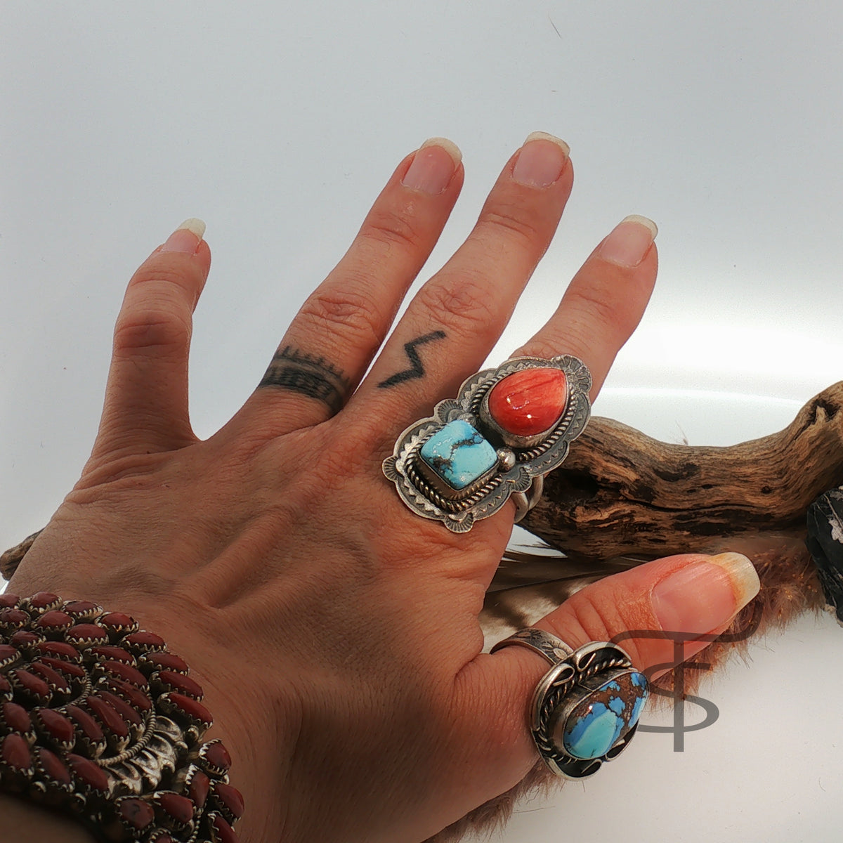 Golden Hills and Red Spiny Two Stone Ring