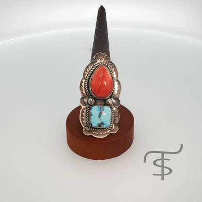 Golden Hills and Red Spiny Two Stone Ring