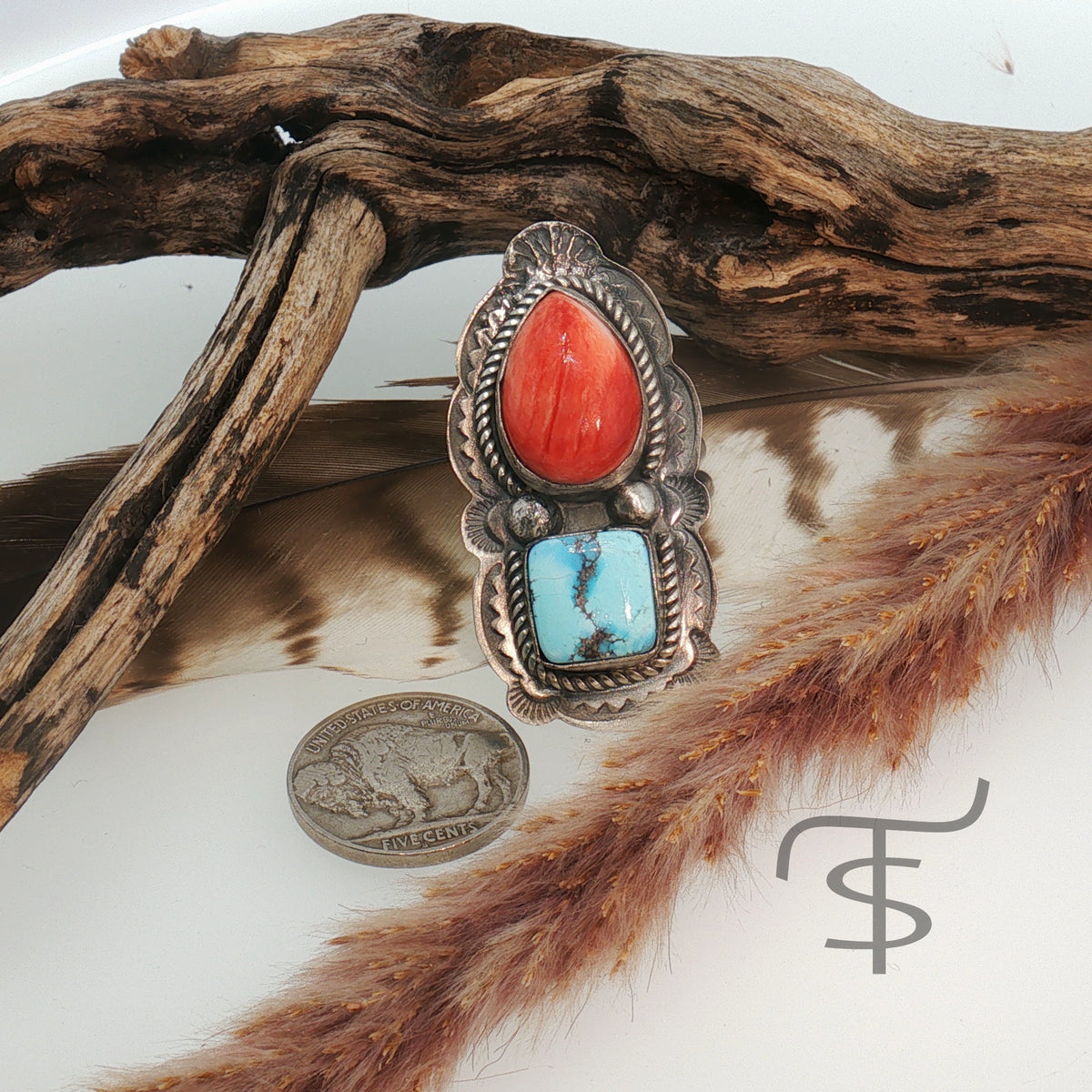 Golden Hills and Red Spiny Two Stone Ring