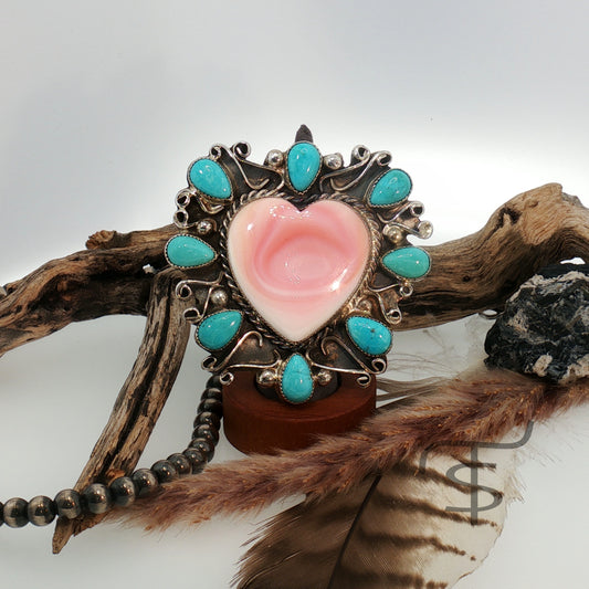 Massive Pink Conch Heart and Turquoise Statement Ring