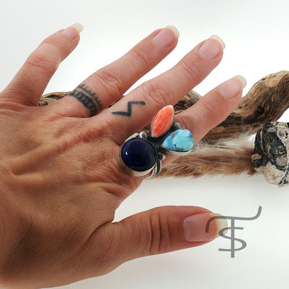 Lucky Rabbit Orange Spiny, Lapis, and Golden Hills Ring