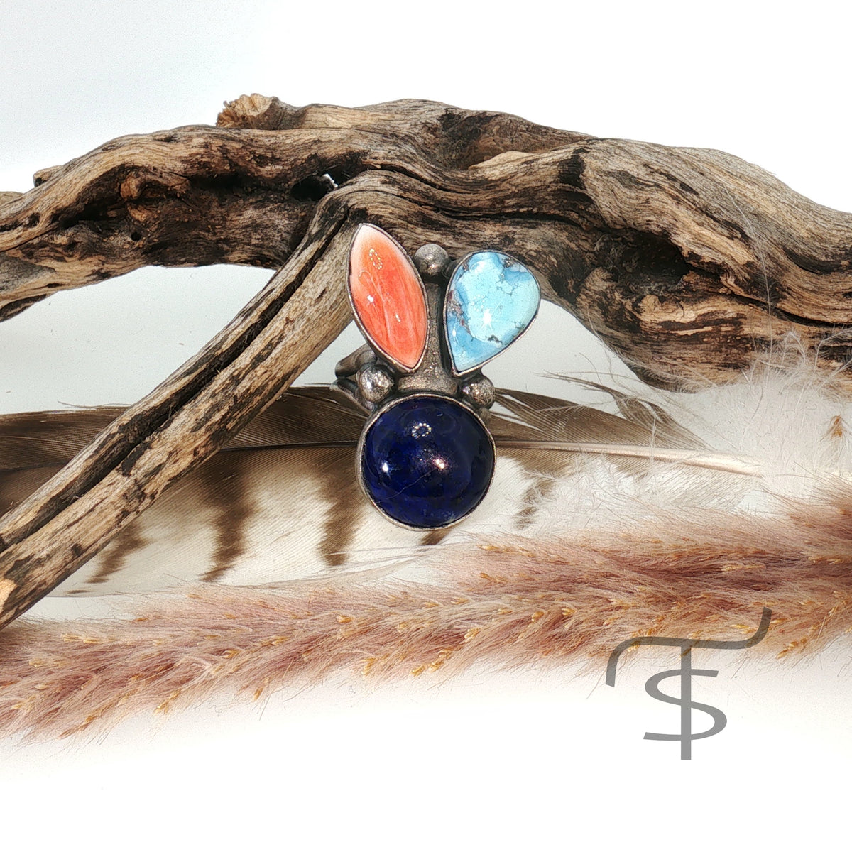 Lucky Rabbit Orange Spiny, Lapis, and Golden Hills Ring