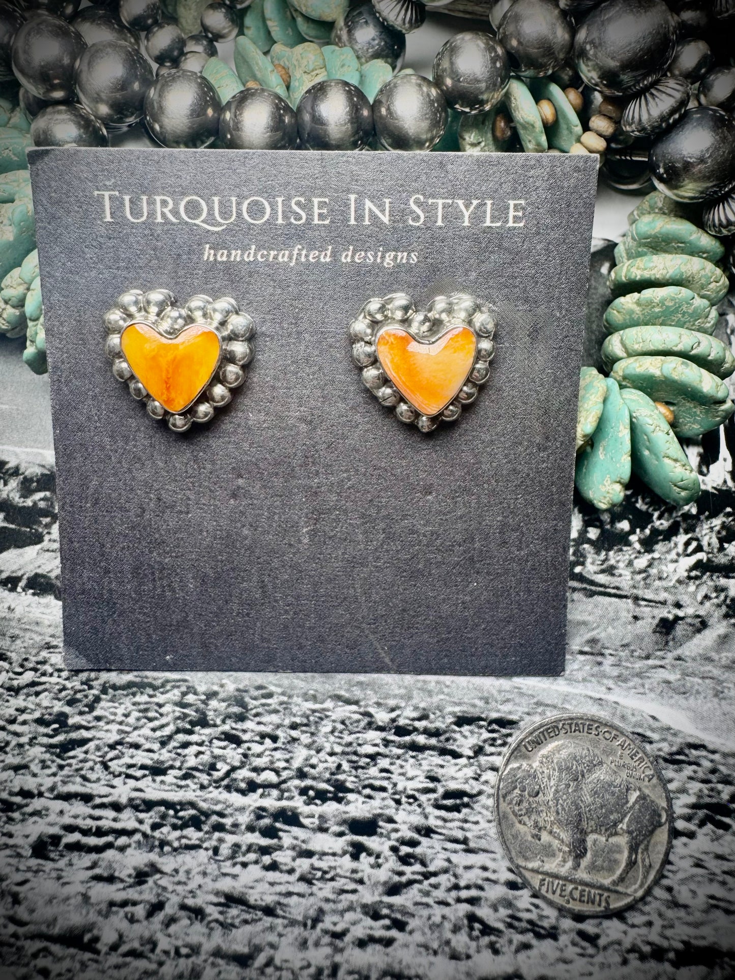 Orange Spiny Heart Stud Earrings by Annette Martinez