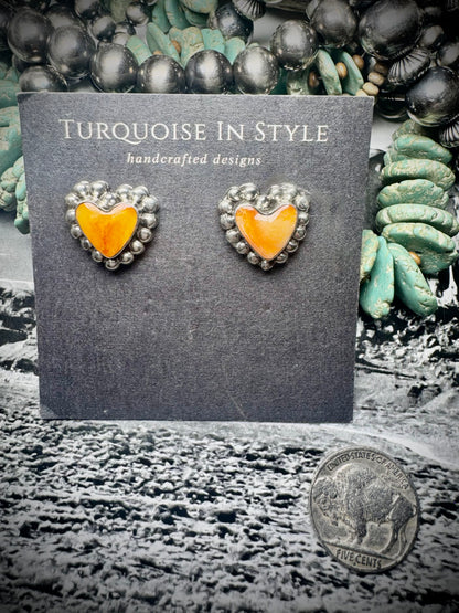 Orange Spiny Heart Stud Earrings by Annette Martinez