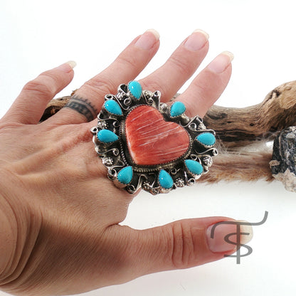 Red Spiny & Turqoise Heart Ring