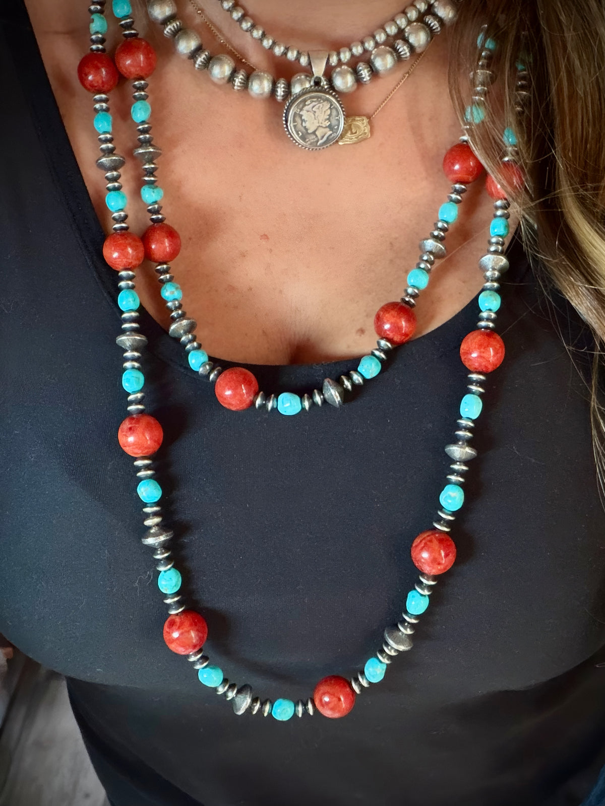 58" Apple Coral, Turquoise & Sterling Saucer Necklace