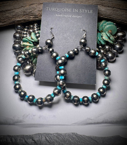 8mm Pearl & Turquoise Heishi Hoops