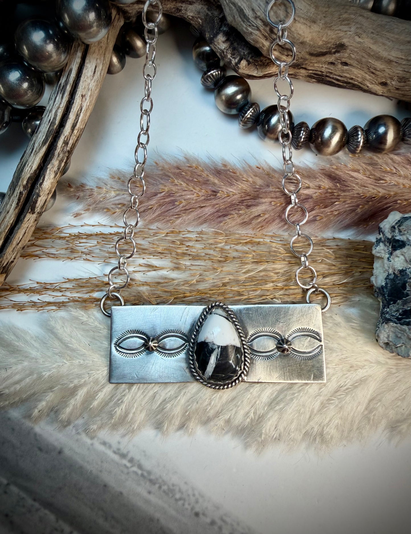 White Buffalo Stamped Bar Necklace