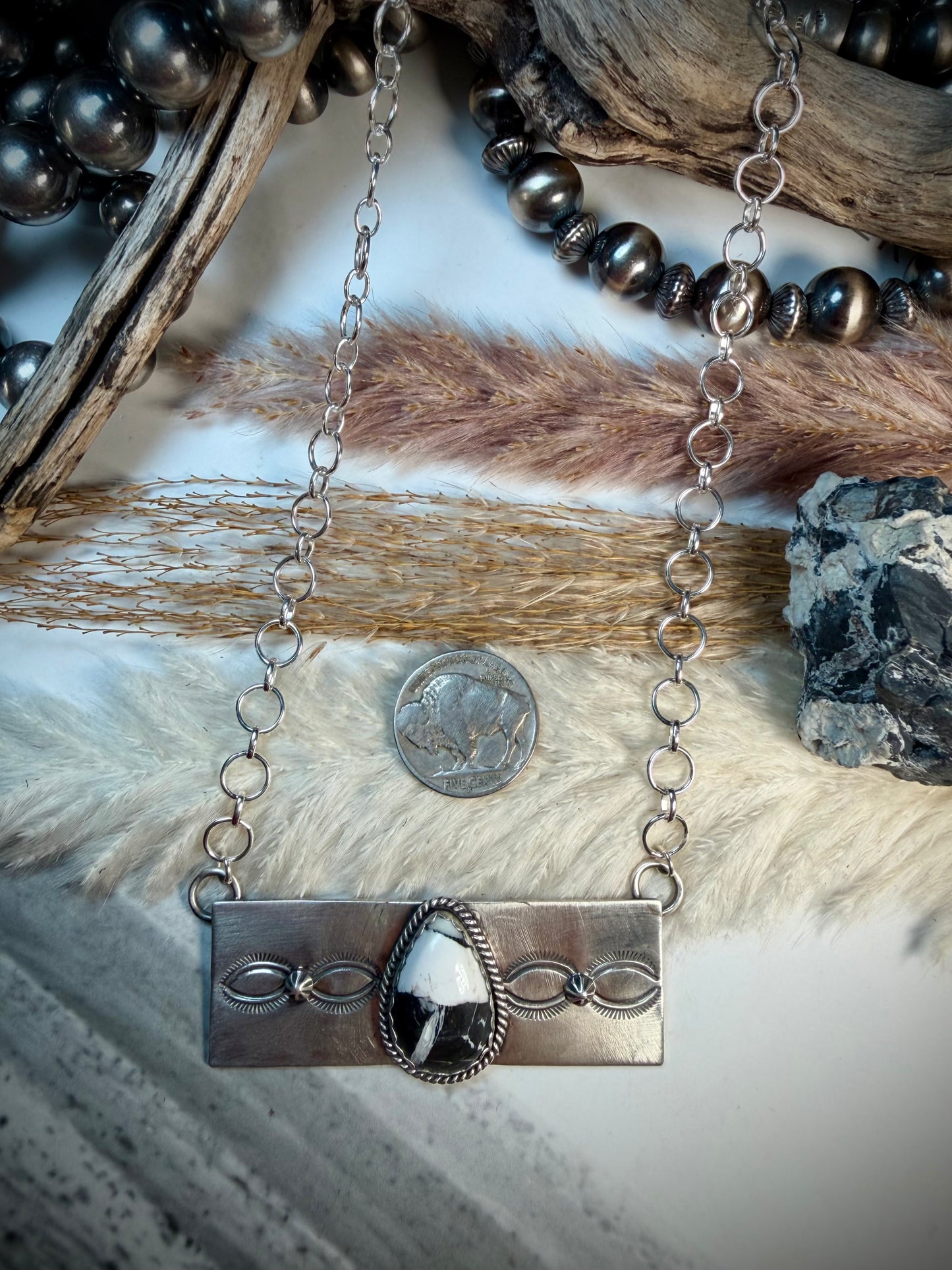 White Buffalo Stamped Bar Necklace