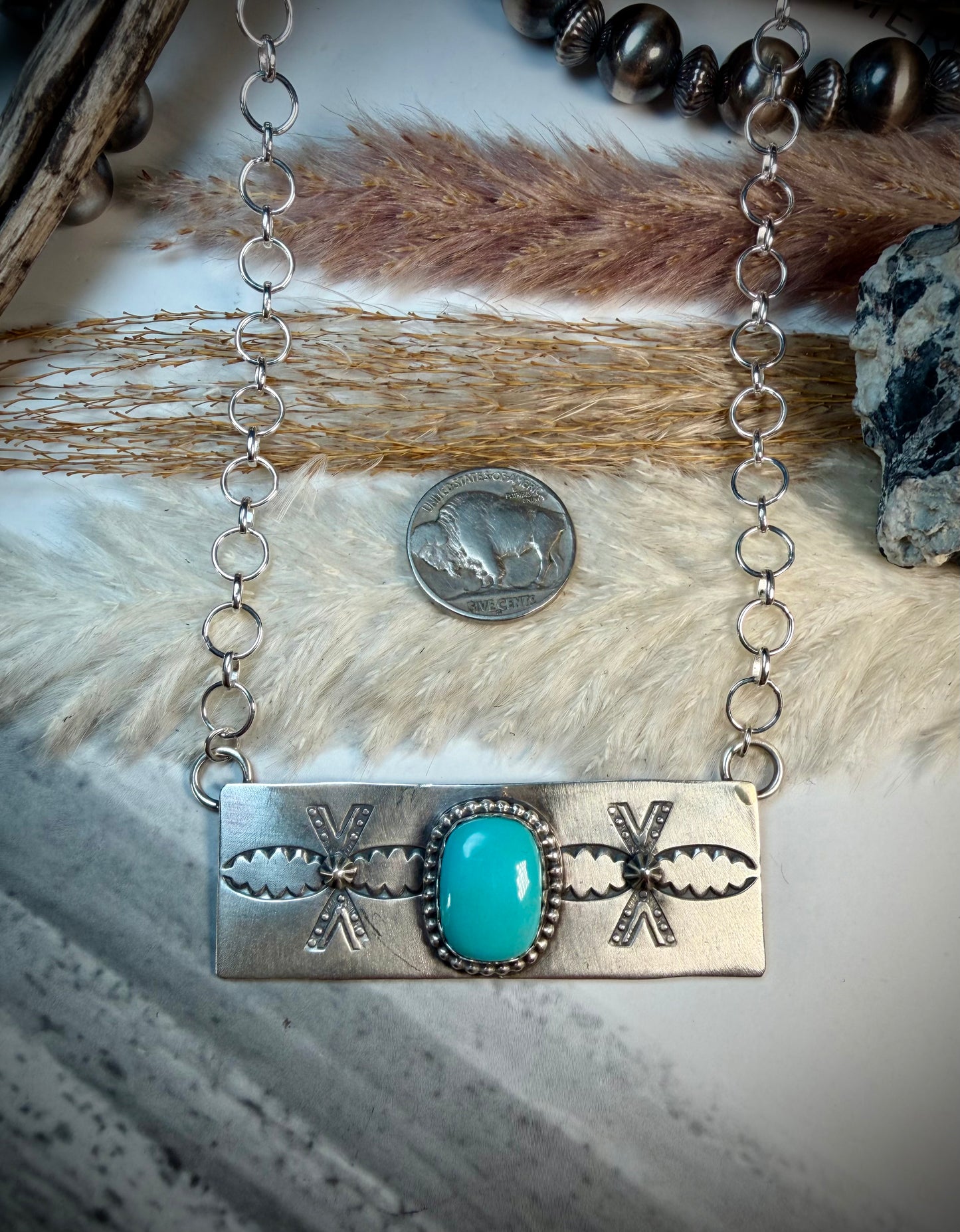 Turquoise Stamped Bar Necklace