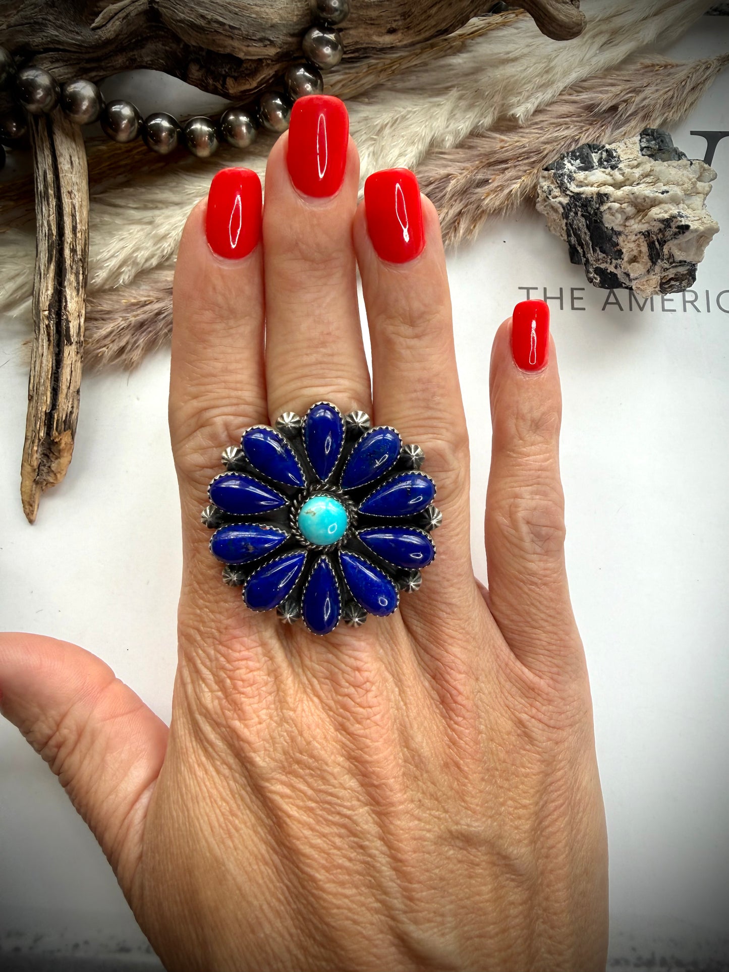 Lapis & Turquoise Flower Ring - adjustable