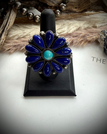 Lapis & Turquoise Flower Ring - adjustable