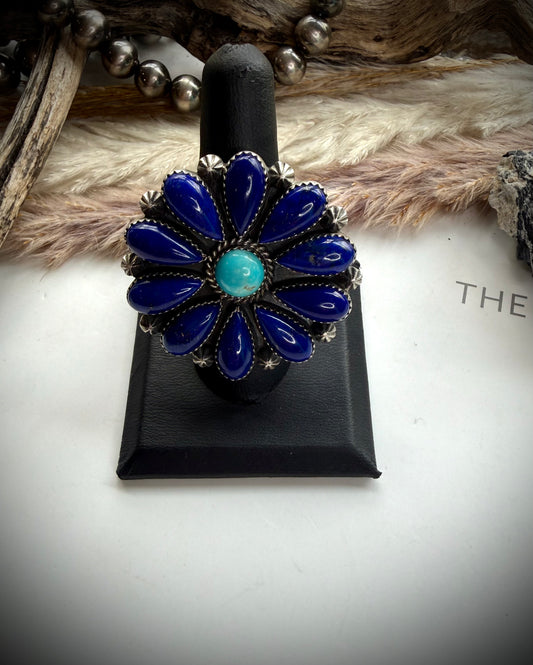 Lapis & Turquoise Flower Ring - adjustable