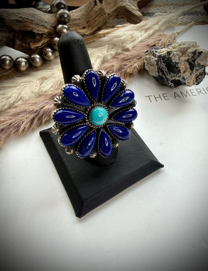 Lapis & Turquoise Flower Ring - adjustable