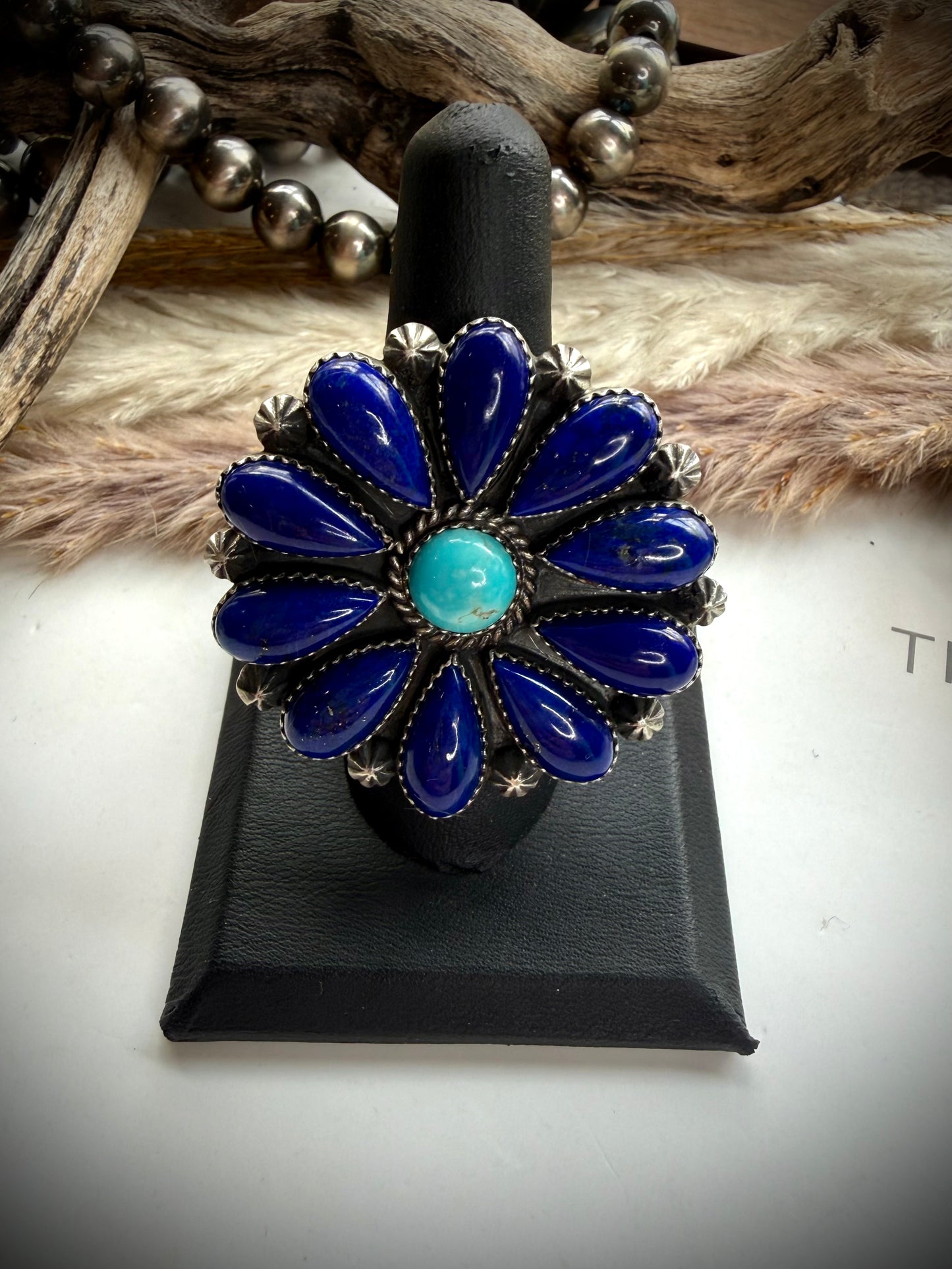 Lapis & Turquoise Flower Ring - adjustable