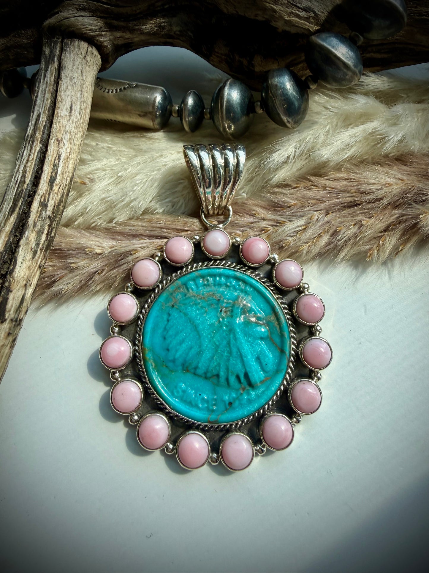 Pink Conch & Turquoise Coin Pendant