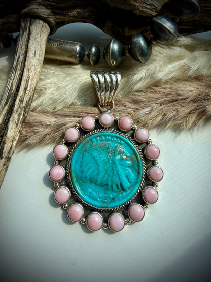 Pink Conch & Turquoise Coin Pendant