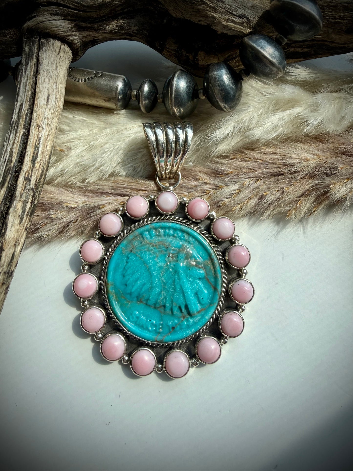 Pink Conch & Turquoise Coin Pendant