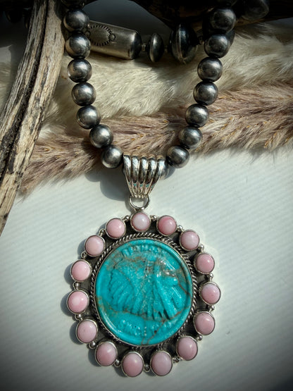 Pink Conch & Turquoise Coin Pendant
