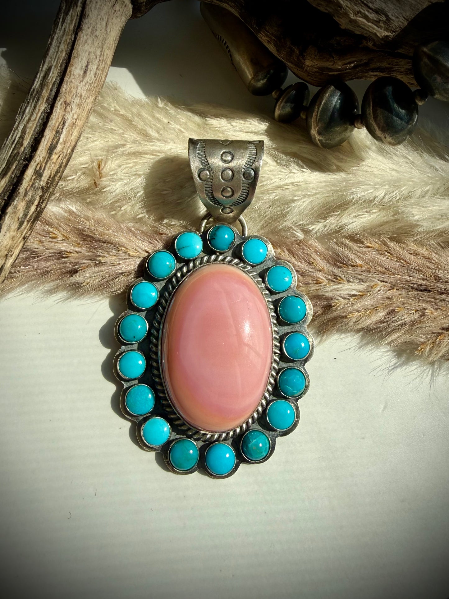 Pink Conch & Sleeping Beauty Turquoise Pendant